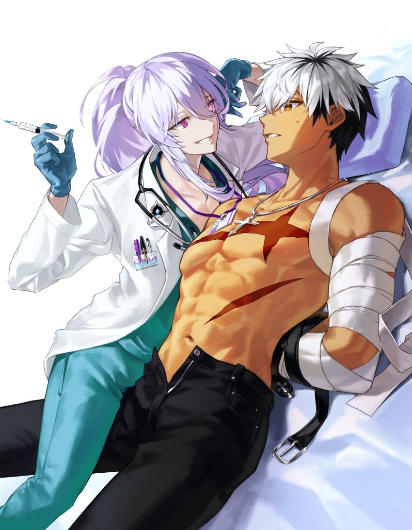 2boys, abs, absurdres, add_(elsword), arms_behind_back, artist_request, asymmetrical_sidelocks, bandaged_arm