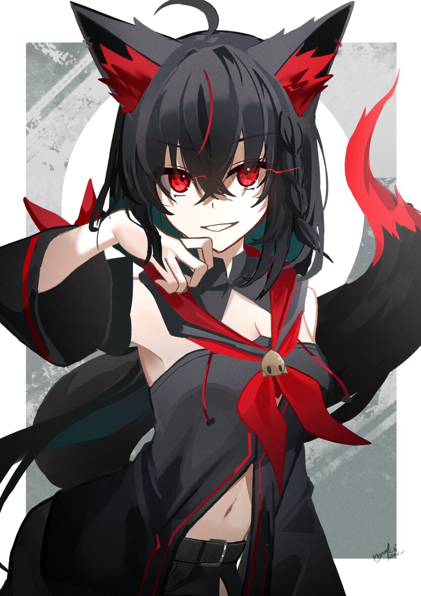 1girl, absurdres, animal_ears, bare_shoulders, black_hair, black_tail, breasts, cleavage