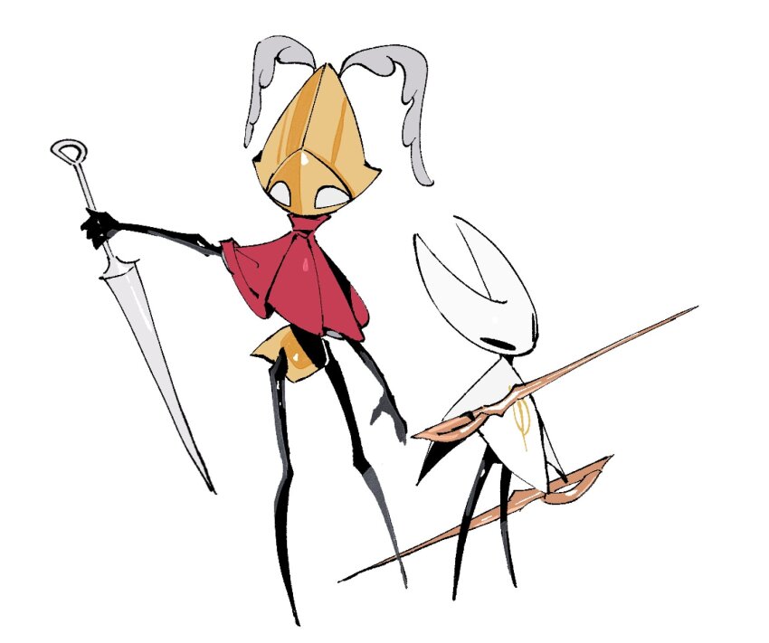 1girl, 1other, arthropod_girl, black_eyes, cloak, commentary_request, cosplay, costume_switch, highres, holding, holding_sword, holding_weapon, hollow_eyes, hollow_knight, hollow_knight:_silksong, hornet_(hollow_knight), korean_commentary, needle_(hollow_knight), p_0p, red_cloak, second_sentinel, standing, sword, weapon, white_cloak, white_eyes