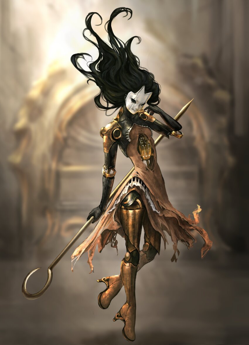 1other, absurdres, black_hair, blurry, blurry_background, commentary, english_commentary, floating_hair, highres, holding, holding_weapon, hollow_eyes, hollow_knight, hollow_knight:_silksong, humanization, joints, long_hair, phantom_(hollow_knight), pin_(hollow_knight), robot_joints, sulka_art, wavy_hair, weapon, white_mask