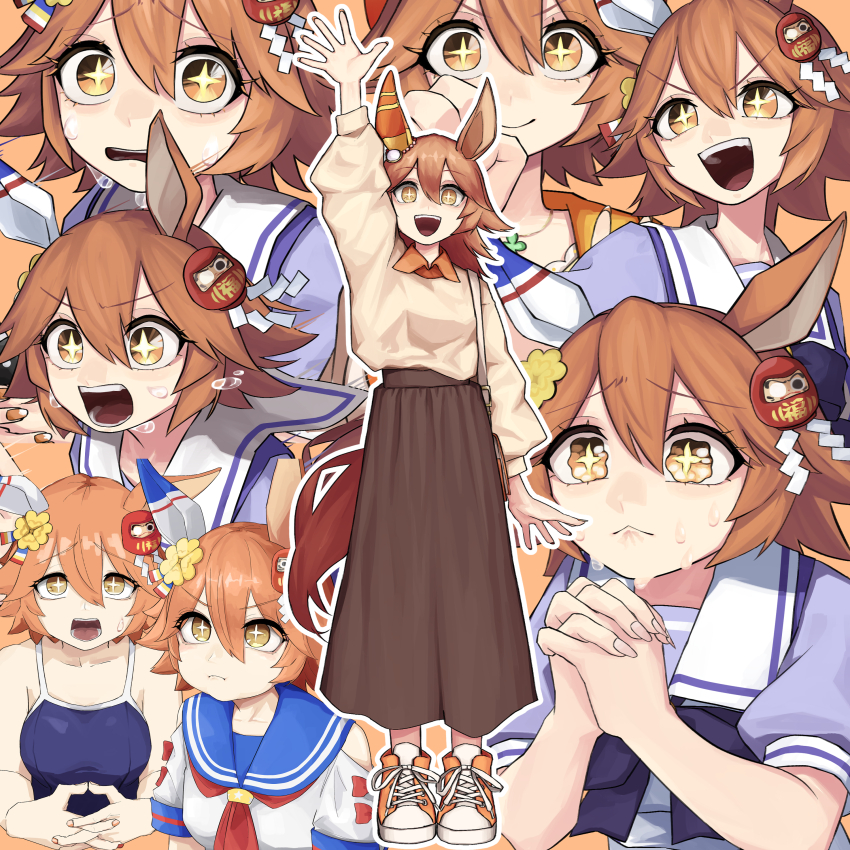 +_+, absurdres, animal_ears, bead_bracelet, beads, bracelet, clover_hair_ornament, daruma_doll, ear_covers, flipped_hair, four-leaf_clover_hair_ornament, good_fortune_symbol, hair_ornament, highres, horse_ears, horse_girl, horse_tail, jewelry, matikanefukukitaru_(casual)_(umamusume), matikanefukukitaru_(lucky_tidings)_(umamusume), matikanefukukitaru_(rising_fortune)_(umamusume), matikanefukukitaru_(umamusume), orange_hair, orange_tail, sanada_ina, school_uniform, shide, single_ear_cover, tail, tracen_school_uniform, umamusume