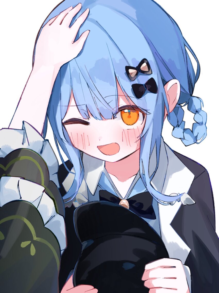 2girls, ;d, black_bow, black_capelet, black_hat, blue_hair, bow, braid