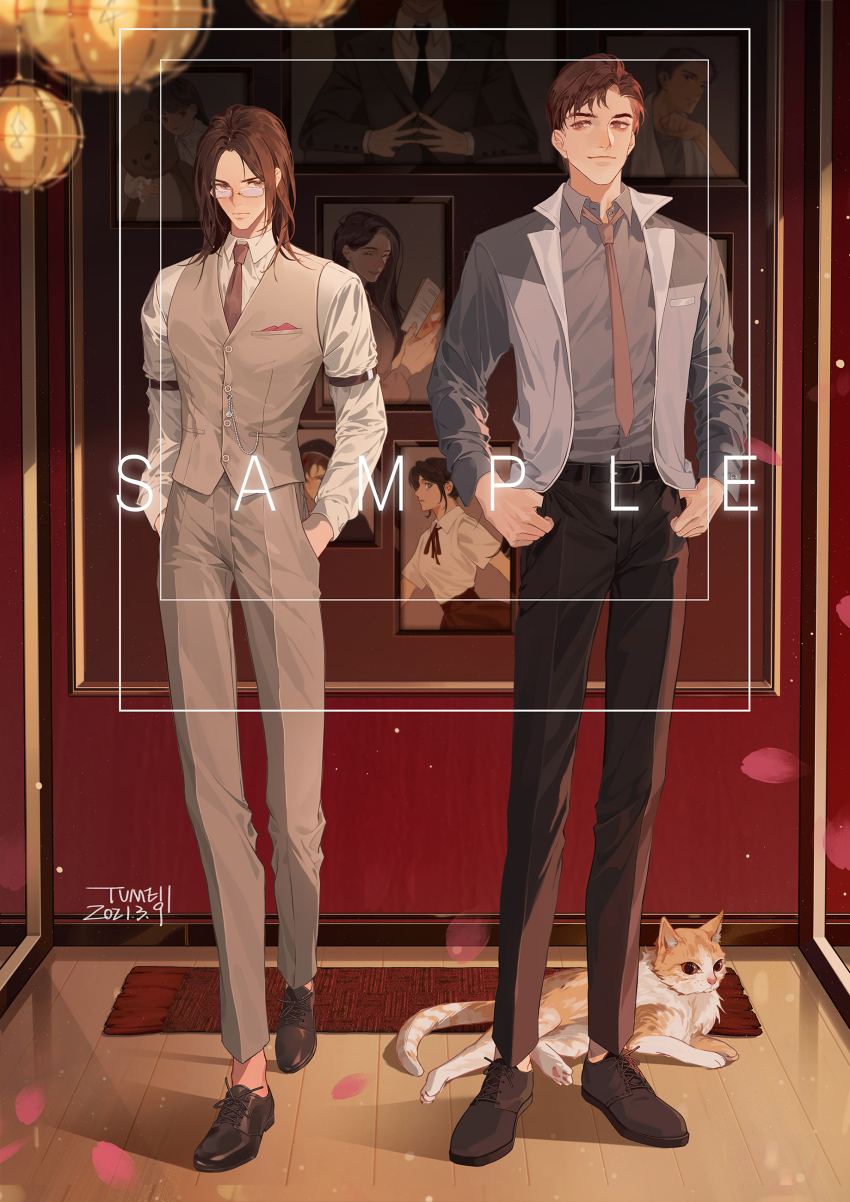 >:), 2boys, absurdres, belt, belt_buckle, black_belt, black_hair, black_pants