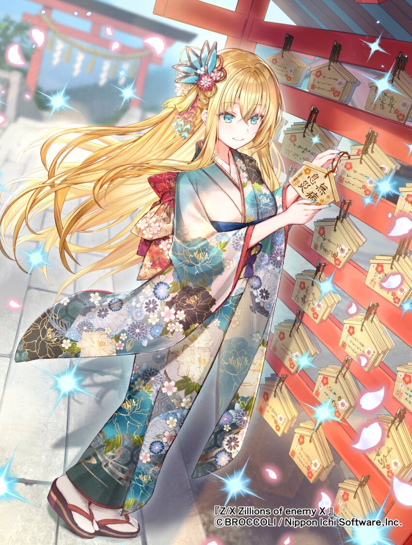 1girl, aqua_eyes, blonde_hair, closed_mouth, copyright_notice, ema, floral_print, floral_print_kimono