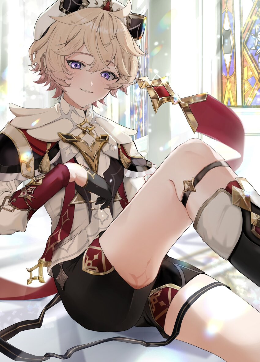 1boy, beret, black_capelet, black_shorts, blonde_hair, capelet, dahlia_(genshin_impact), frilled_capelet