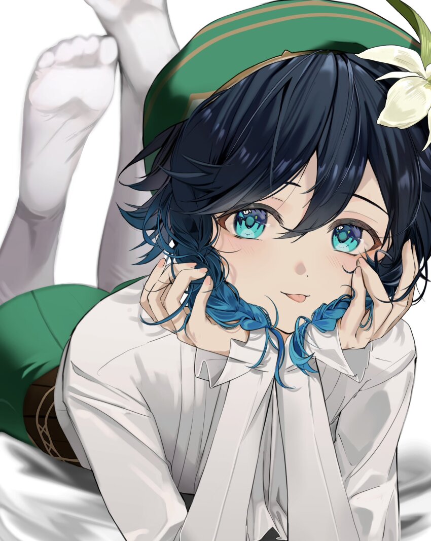 1boy, beret, black_hair, blue_hair, braid, cape, cecilia_flower_(genshin_impact), feet, feet_up, flower, genshin_impact, gradient_hair, green_cape, green_eyes, green_hat, green_shorts, hat, hat_flower, highres, long_sleeves, looking_at_viewer, lying, male_focus, multicolored_hair, no_cape, no_shoes, on_stomach, pantyhose, sahi00000, shirt, short_hair_with_long_locks, shorts, side_braids, soles, solo, the_pose, tongue, tongue_out, twin_braids, venti_(genshin_impact), white_flower, white_pantyhose, white_shirt