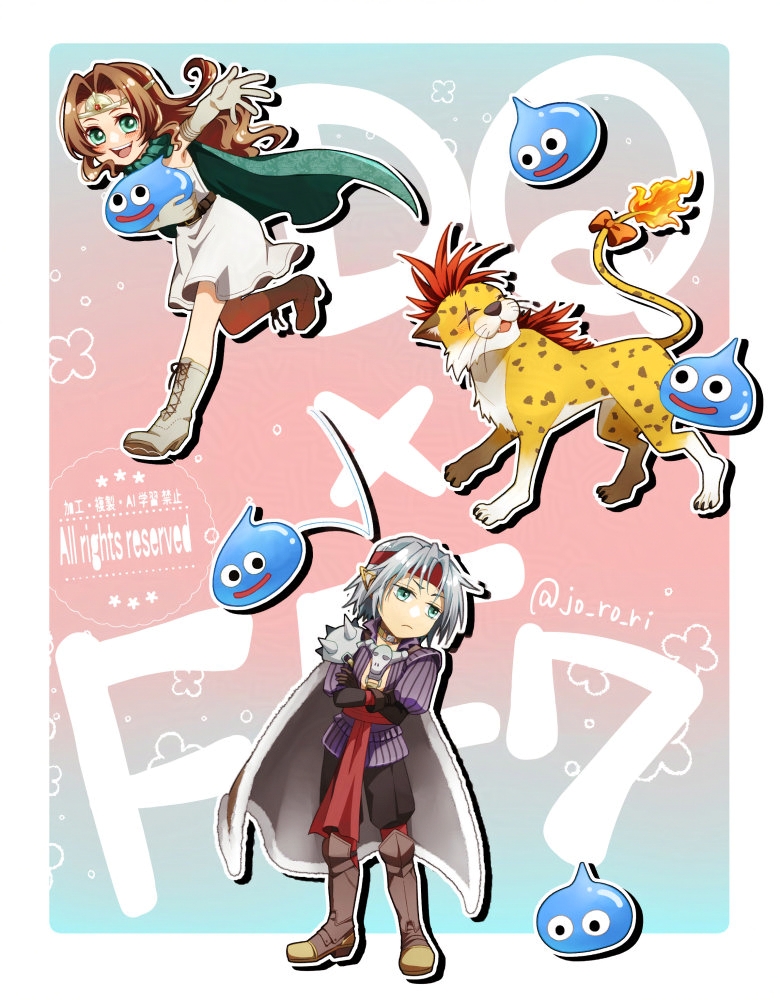 1boy, 1girl, aerith_gainsborough, aerith_gainsborough_(supreme_sage_garb), animal, aqua_eyes, armor, armored_boots, black_gloves, black_pants, boots, border, bow, brown_boots, brown_hair, circlet, cloak, cosplay, creature, crossed_arms, dress, elbow_gloves, final_fantasy, final_fantasy_vii, final_fantasy_vii:_ever_crisis, fire, flame-tipped_tail, frown, full_body, fur-trimmed_cloak, fur_trim, gloves, green_cloak, green_eyes, grey_boots, grey_gloves, grey_hair, headband, holding, holding_creature, jacket, jo_ro_ri, long_hair, official_alternate_costume, open_mouth, orange_bow, pants, parted_bangs, pauldrons, pisaro, pisaro_(cosplay), pointy_ears, purple_jacket, red_headband, red_xiii, red_xiii_(great_sabrecat), sage_(dq3), sage_(dq3)_(cosplay), scar, scar_across_eye, scar_on_face, sephiroth, sephiroth_(banesword_style), sephiroth_(ever_crisis), short_dress, short_hair, shoulder_armor, shoulder_spikes, sidelocks, single_pauldron, skull_ornament, slime_(dragon_quest), smile, spikes, tail, tail_bow, tail_ornament, twitter_username, white_border, white_dress