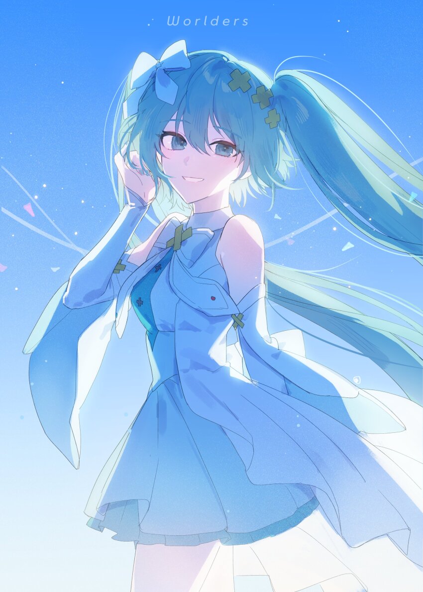 1girl, absurdres, aqua_eyes, aqua_hair, aqua_skirt, arm_behind_back, bare_shoulders, blush