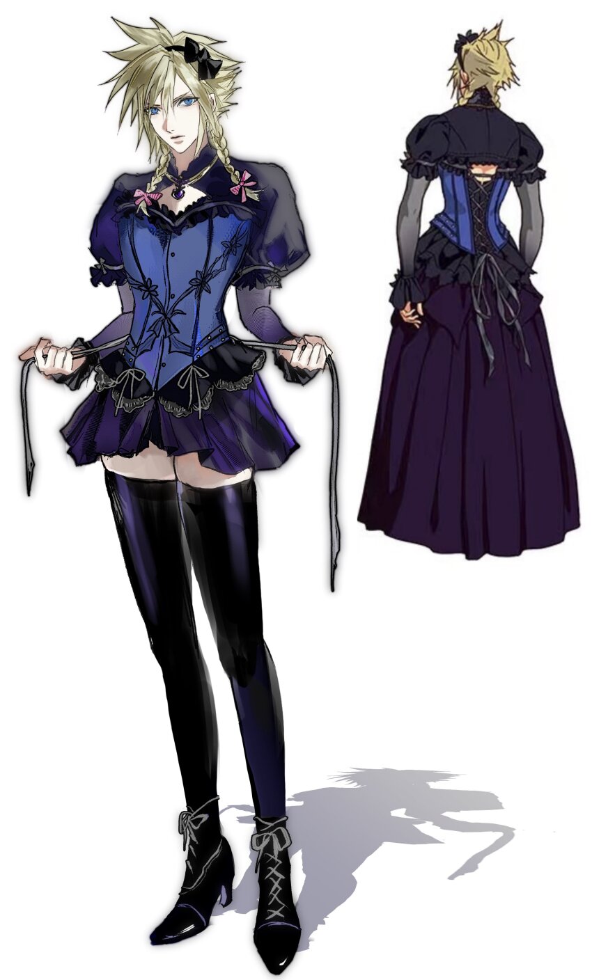 1boy, 3_3lecho, absurdres, black_boots, black_bow, black_dress, black_hairband, black_thighhighs, blue_corset, blue_eyes, boots, bow, braid, cloud_strife, cloud_strife_(blue_dress), corset, crossdressing, crossdressing_(mtf), dress, final_fantasy, final_fantasy_vii, final_fantasy_vii_remake, full_body, hair_between_eyes, hair_bow, hairband, highres, long_dress, long_hair, male_focus, official_alternate_costume, official_art_inset, pink_bow, puffy_sleeves, short_dress, skindentation, solo, spiked_hair, thighhighs, twin_braids, white_background