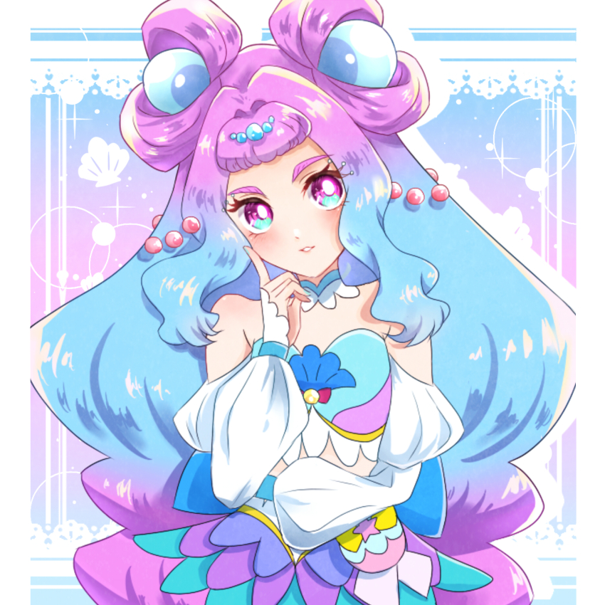 1girl, aqua_hair, aqua_nails, blush, cure_la_mer, detached_collar, dress, finger_to_cheek