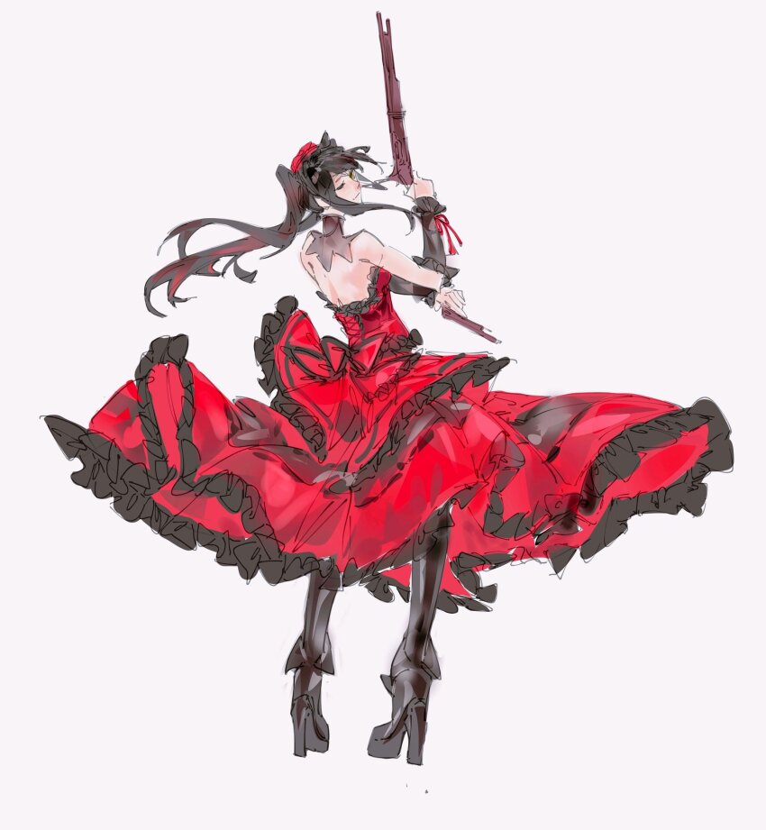 1girl, back, black_boots, black_dress, black_hair, boots, breasts, date_a_live