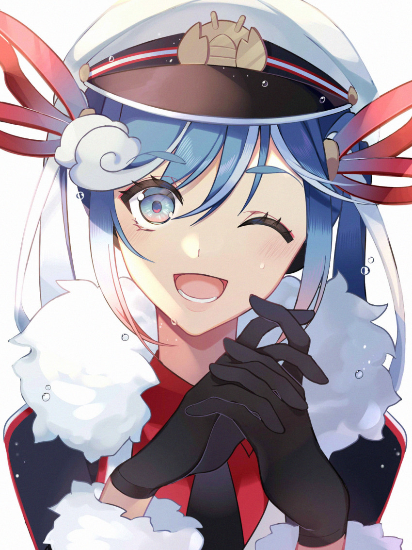 1girl, aqua_eyes, aqua_hair, black_gloves, black_necktie, blush, coat, fur-trimmed_coat