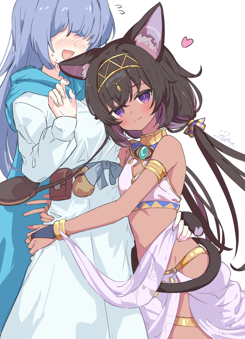 2girls, ancient_egyptian, ancient_egyptian_clothes, animal_ears, blush, cat_ears, cat_tail, dark-skinned_female
