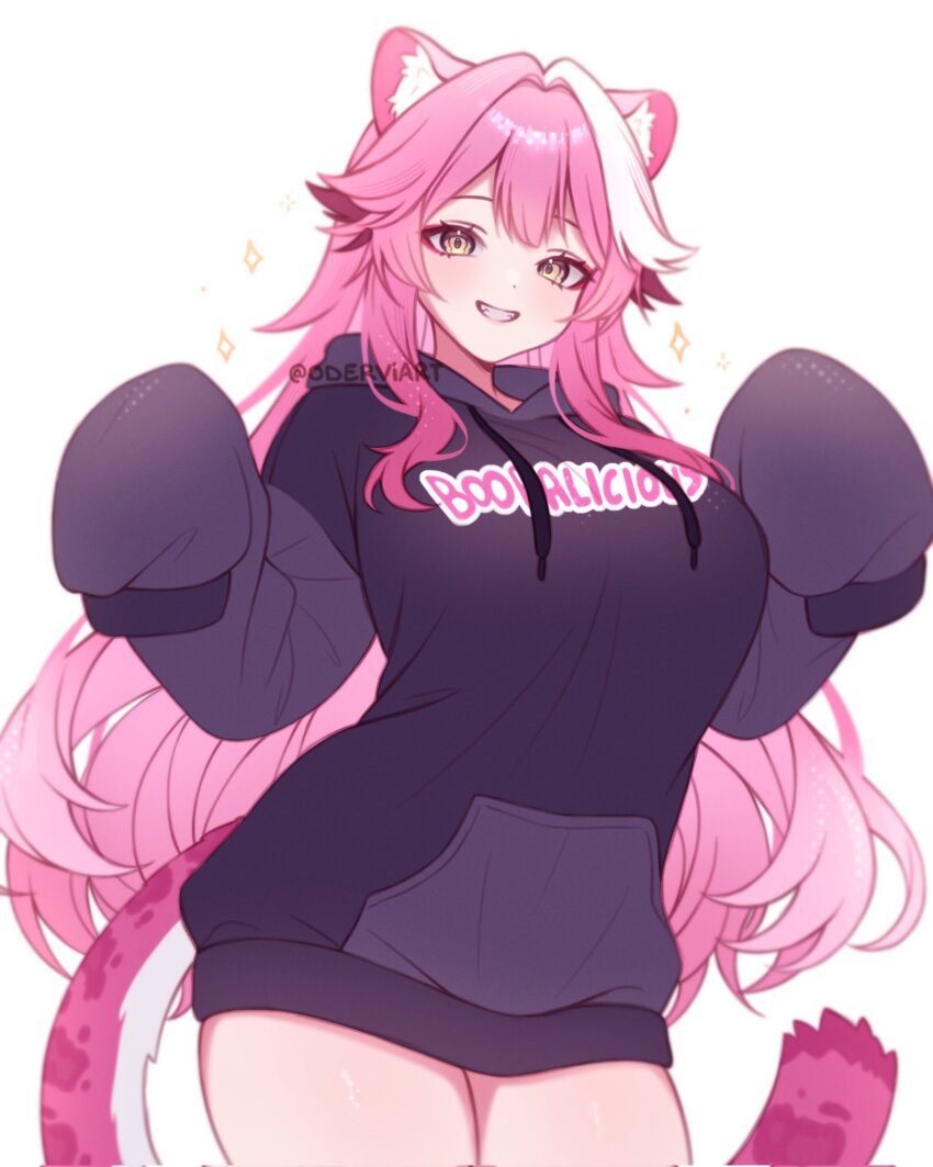 1girl, animal_ear_fluff, animal_ears, black_hoodie, bottomless, breasts, clothes_writing, commentary