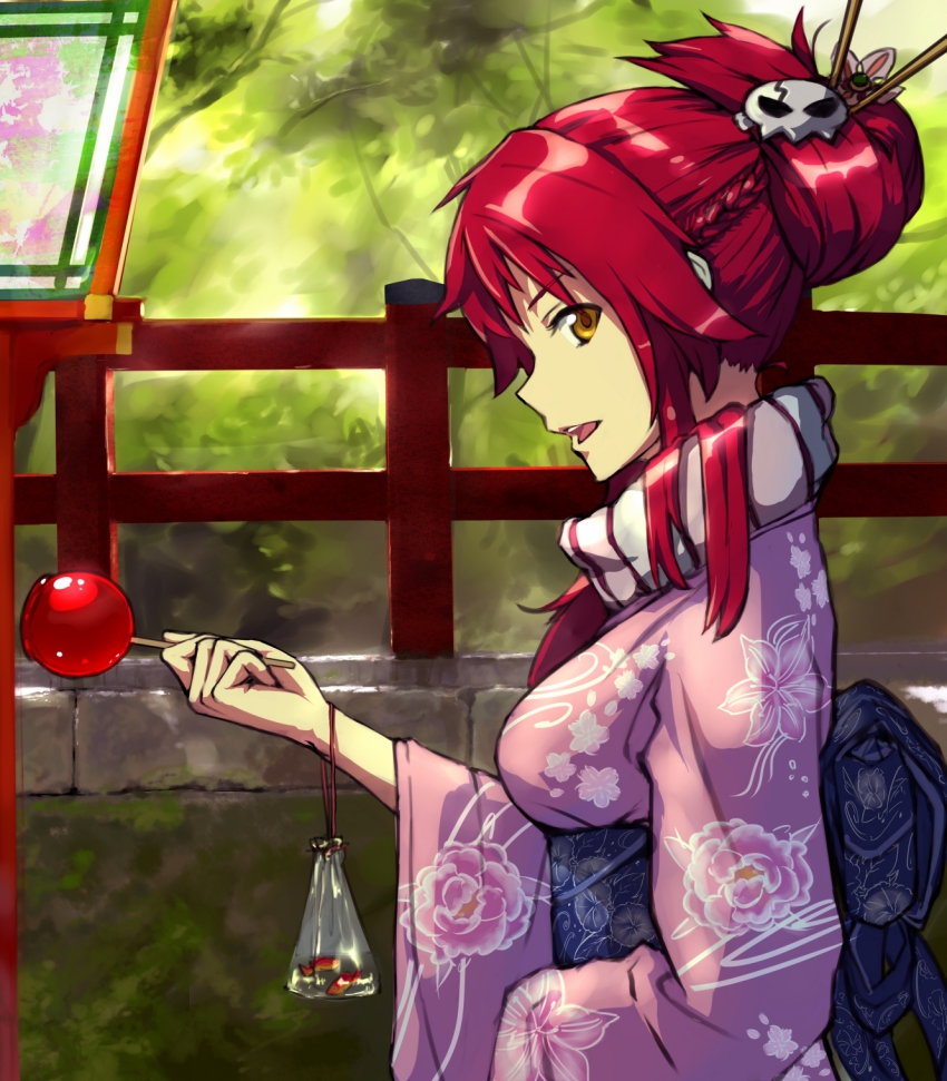 00s, 1girl, alternate_hairstyle, bag, bagged_fish, candy_apple, female_focus, fish, floral_print, food, from_side, hair_bun, hair_ornament, hair_up, highres, japanese_clothes, kimono, obi, open_mouth, profile, red_hair, sash, scarf, single_hair_bun, skull_hair_ornament, solo, tengen_toppa_gurren_lagann, tera_l, yellow_eyes, yoko_littner