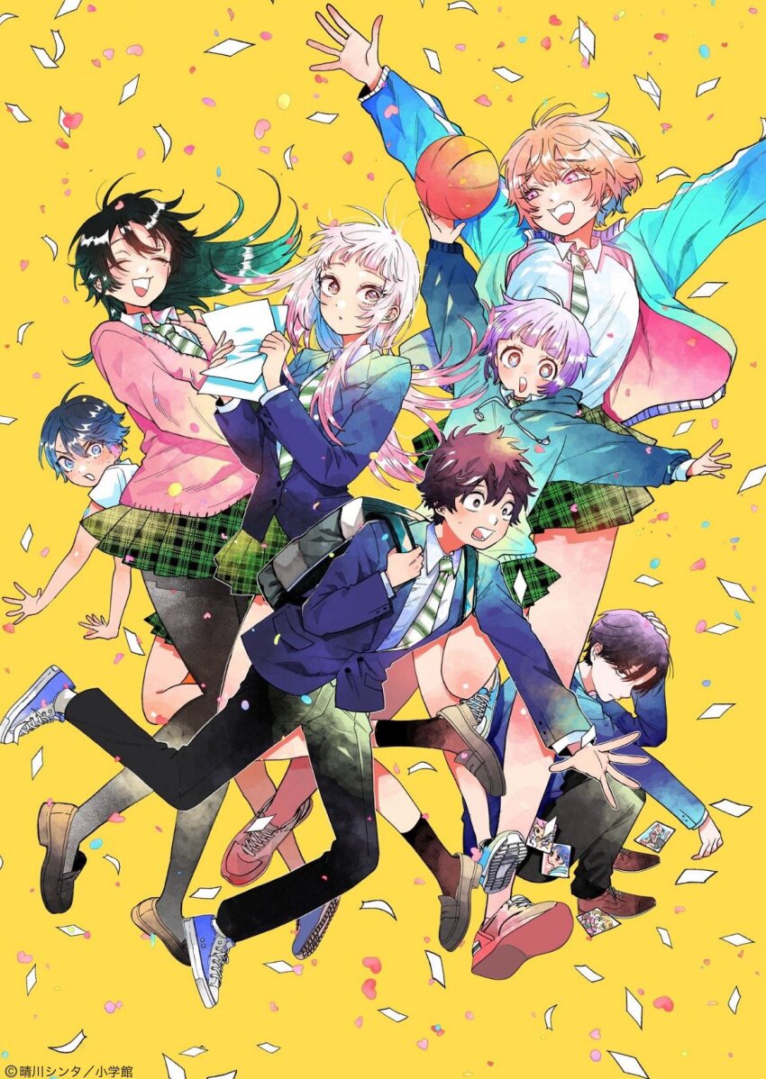 2boys, 4girls, bag, black_hair, blush, breasts, brown_eyes, brown_hair, closed_eyes, closed_mouth, flying_paper, hair_ornament, harekawa_shinta, highres, holding, holding_paper, kajiyashiki_mone, kintetsu_tsumugi, konoura_urara, kugayama_hajime, long_hair, long_sleeves, looking_at_viewer, momose_akira_(hatsukoi), momose_akira_no_hatsukoi_hatan_chuu., multiple_boys, multiple_girls, necktie, official_art, onimai_meimei, open_mouth, paper, pink_hair, purple_eyes, purple_hair, rendaiji_(hatsukoi), school_bag, school_uniform, shirt, short_hair, skirt, smile, white_hair