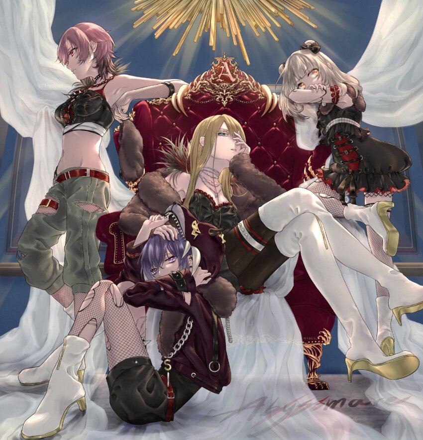 4girls, abyssmare, animal_hood, armpits, bare_shoulders, bear, bear_hood, belt