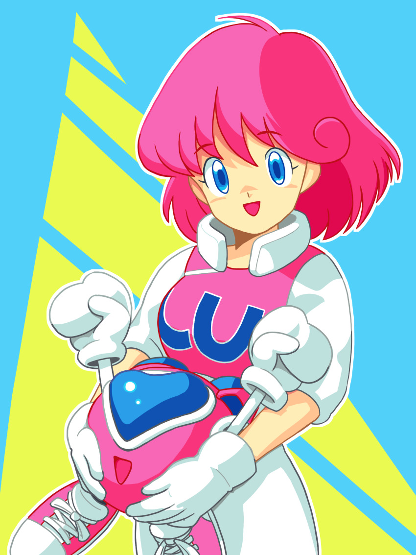 1girl, absurdres, arms_up, blue_background, blue_eyes, breasts, clenched_hands, clothes_writing, collar, commentary, cowboy_shot, green_background, heart-shaped_window, highres, holding, looking_at_viewer, medium_breasts, medium_hair, open_mouth, outline, pants, pastel_(twinbee), pink_hair, pink_shirt, pink_shoes, pixelflag, shirt, shoes, short_sleeves, smile, sneakers, swept_bangs, twinbee, white_collar, white_outline, white_pants, winbee