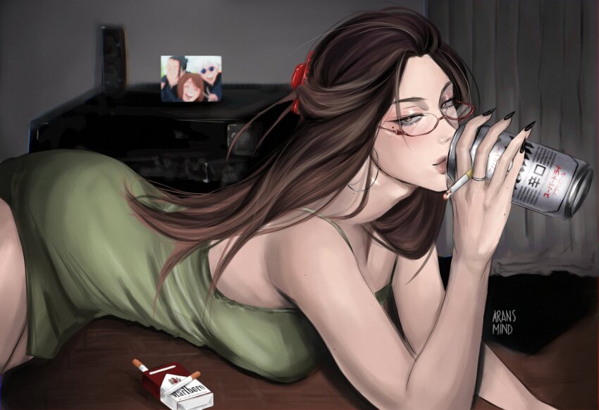 1girl, alternate_hairstyle, aransmind, artist_name, bare_shoulders, black_nails, brown_hair, cigarette