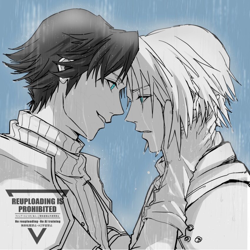 2boys, 7_kiy_u, aged_down, angeal_hewley, aqua_eyes, armor, black_hair, blue_background