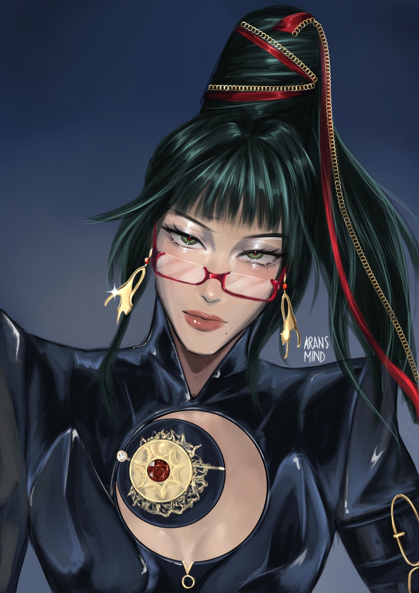 1girl, absurdres, alternate_hairstyle, aransmind, artist_name, bayonetta, bayonetta_(cosplay), bayonetta_(series), beehive_hairdo, black_bodysuit, blunt_bangs, bodysuit, breast_cutouts, cosplay, earrings, eyeshadow, gold_earrings, gradient_background, green_eyes, green_hair, grey_eyeshadow, highres, jewelry, jujutsu_kaisen, lipstick, looking_at_viewer, makeup, mole, mole_under_mouth, ponytail, red-eye_effect, red-framed_eyewear, semi-rimless_eyewear, solo, zen'in_maki