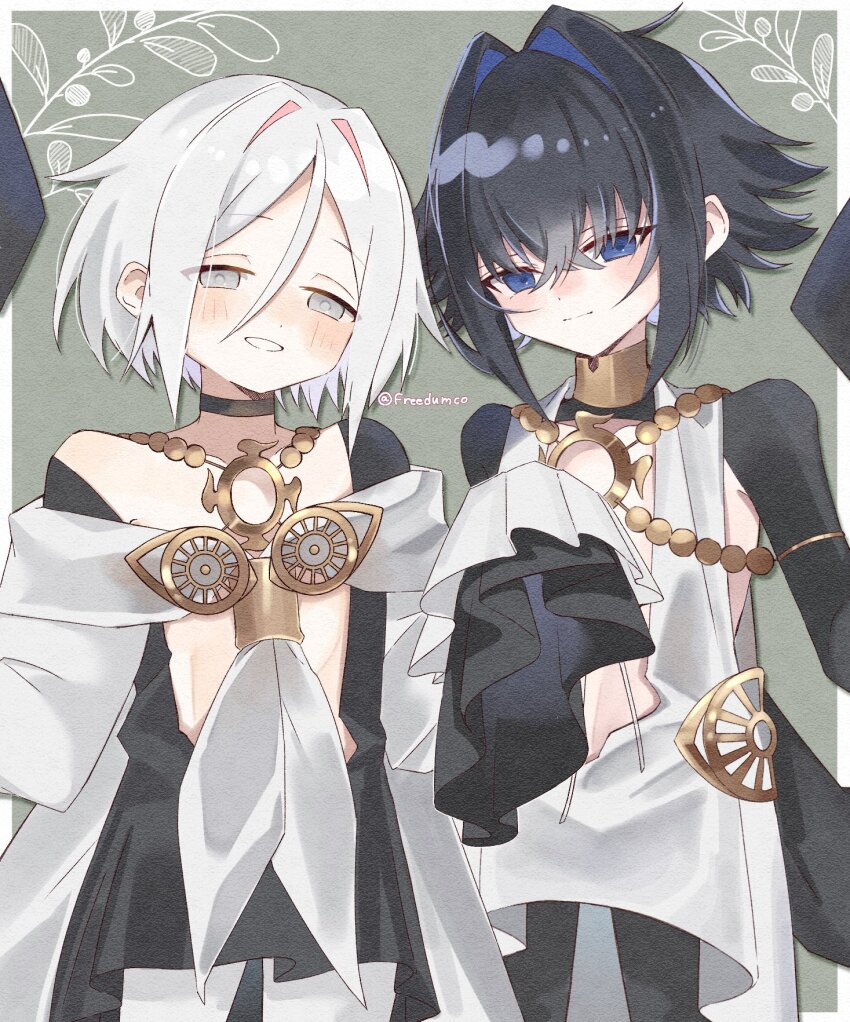 2others, androgynous, black_hair, black_shrug, blue_eyes, blue_hair, choker, dove_(fate)