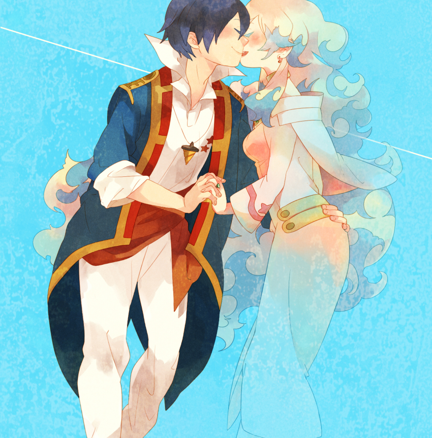 00s, bad_id, bad_pixiv_id, blue_hair, dress, closed_eyes, fading, holding_hands