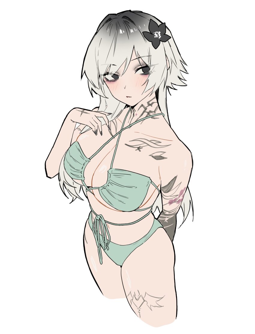 1girl, absurdres, arm_behind_back, arm_tattoo, bikini, black_eyes, black_flower, black_nails