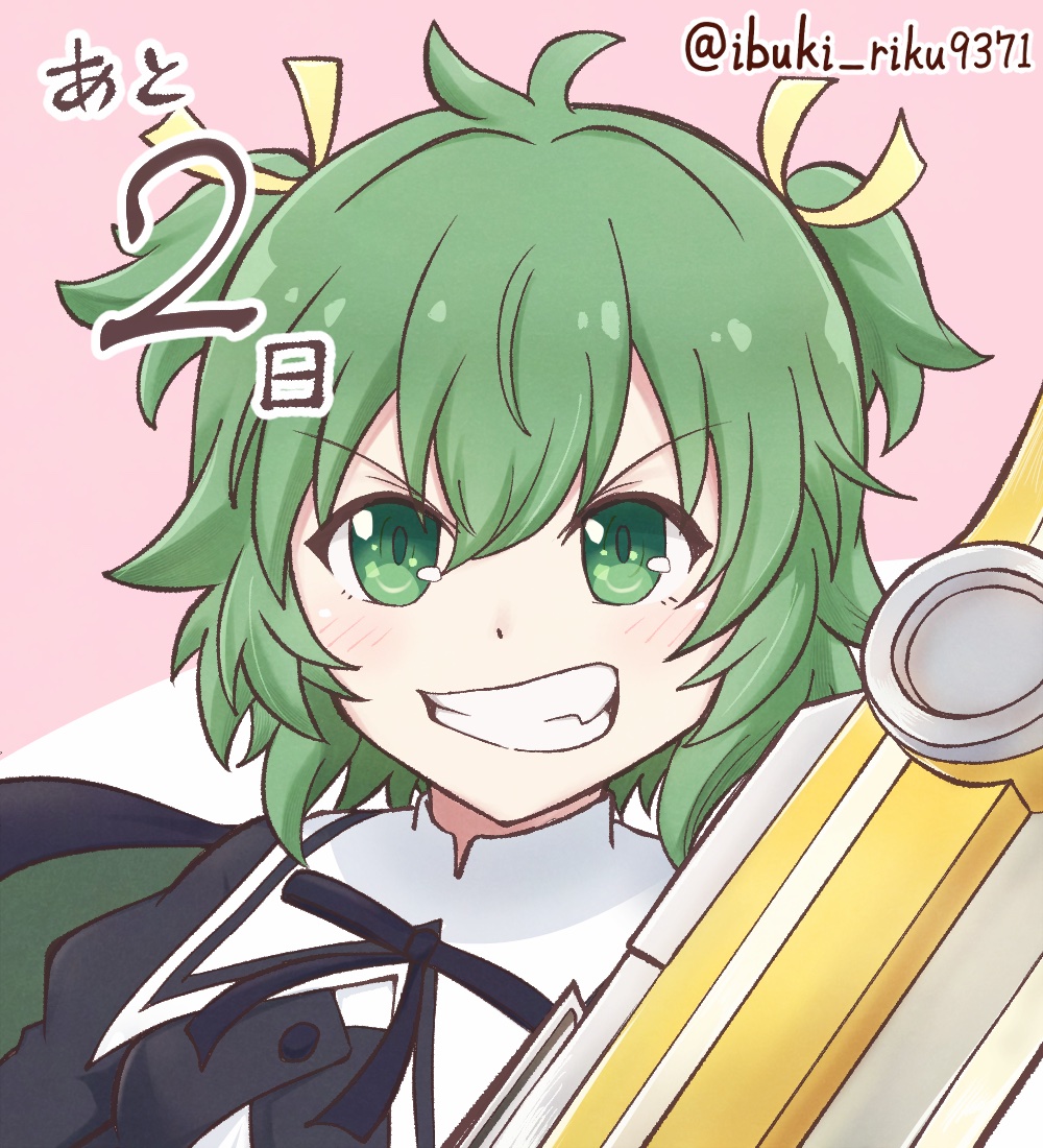 1girl, antenna_hair, assault_lily, black_cape, blush, buttons, cape, clenched_teeth, commentary_request, countdown, cropped_jacket, fang, green_cape, green_hair, hair_between_eyes, ibuki_riku, juliet_sleeves, long_sleeves, looking_at_viewer, pink_background, portrait, puffy_sleeves, ribbon, school_uniform, short_hair, solo, teeth, translated, twitter_username, two-sided_cape, two-sided_fabric, two-tone_background, two_side_up, v-shaped_eyebrows, weapon, white_background, yellow_ribbon, yoshimura_thi_mai, yurigaoka_girls_academy_school_uniform