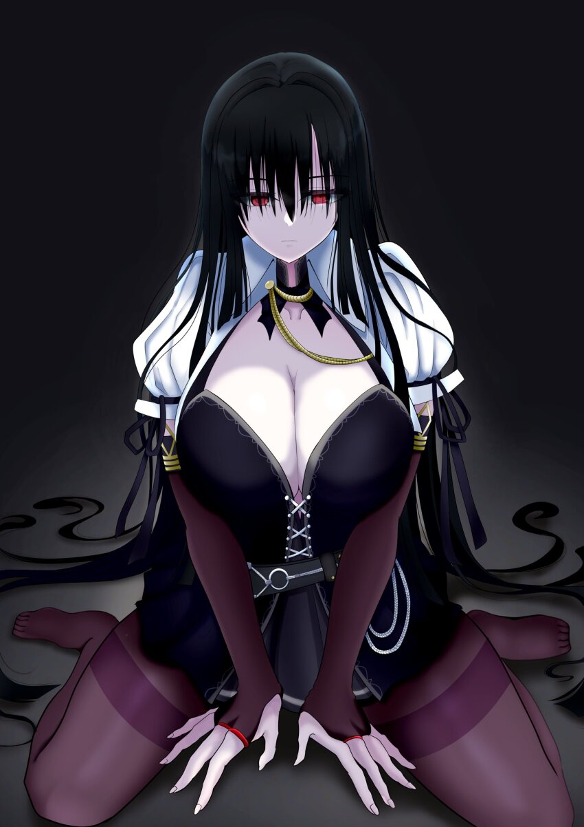 1girl, aoki_kaho, assault_lily, black_background, black_bow, black_bowtie, black_dress, black_hair