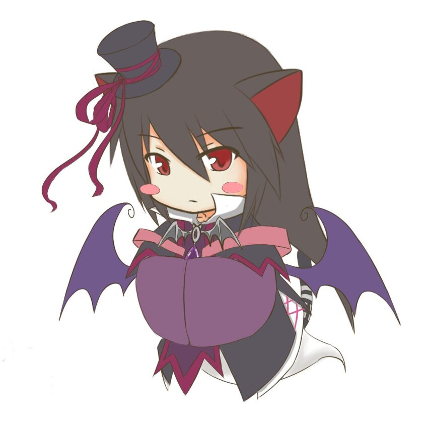 1girl, animal_ears, bat_wings, black_dress, black_hair, black_hat, black_wings, blush_stickers