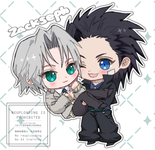 2boys, 7_kiy_u, :3, aqua_eyes, baggy_pants, bandaid, bandaid_on_cheek, bandaid_on_face, black_hair, black_jacket, black_necktie, black_pants, black_shoes, blue_eyes, blue_shirt, blush, carrying, chibi, chibi_only, closed_mouth, collared_shirt, delinquent, dog_tags, final_fantasy, final_fantasy_vii, final_fantasy_vii:_ever_crisis, full_body, grey_hair, grey_jacket, hair_slicked_back, jacket, long_hair, male_focus, multiple_boys, necktie, official_alternate_costume, one_eye_closed, open_mouth, pants, parted_bangs, princess_carry, school_uniform, sephiroth, sephiroth_(ever_crisis), sephiroth_(shinra_private_academy), pairing_name, shirt, shoes, short_hair, sideburns, smile, sparkle, suit_jacket, white_background, white_shirt, yaoi, zack_fair, zack_fair_(midgard_seventh_high_school)