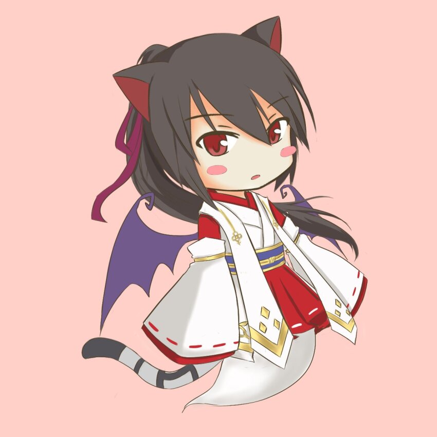 1girl, alternate_costume, animal_ears, bat_wings, blush_stickers, bow, cat_ears, cat_girl