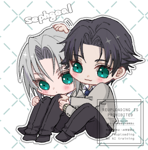 2boys, 7_kiy_u, angeal_hewley, angeal_hewley_(shinra_private_academy), aqua_eyes, black_hair, black_necktie, black_pants