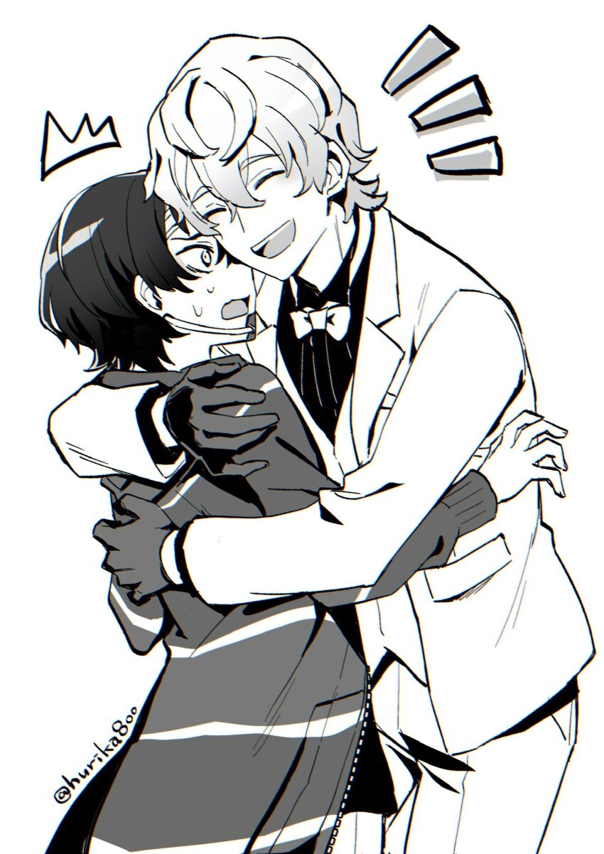 1boy, 1girl, :d, bow, bowtie, commentary, gloves, greyscale, highres, hug, hurika800, jacket, kishiru_inugami, lapels, long_sleeves, monochrome, notched_lapels, notice_lines, open_mouth, pants, rei_shimobe, reverse_trap, shirt, short_hair, shout_lines, shuten_order, smile, sweat, untranslatable_commentary, twitter_username, vest