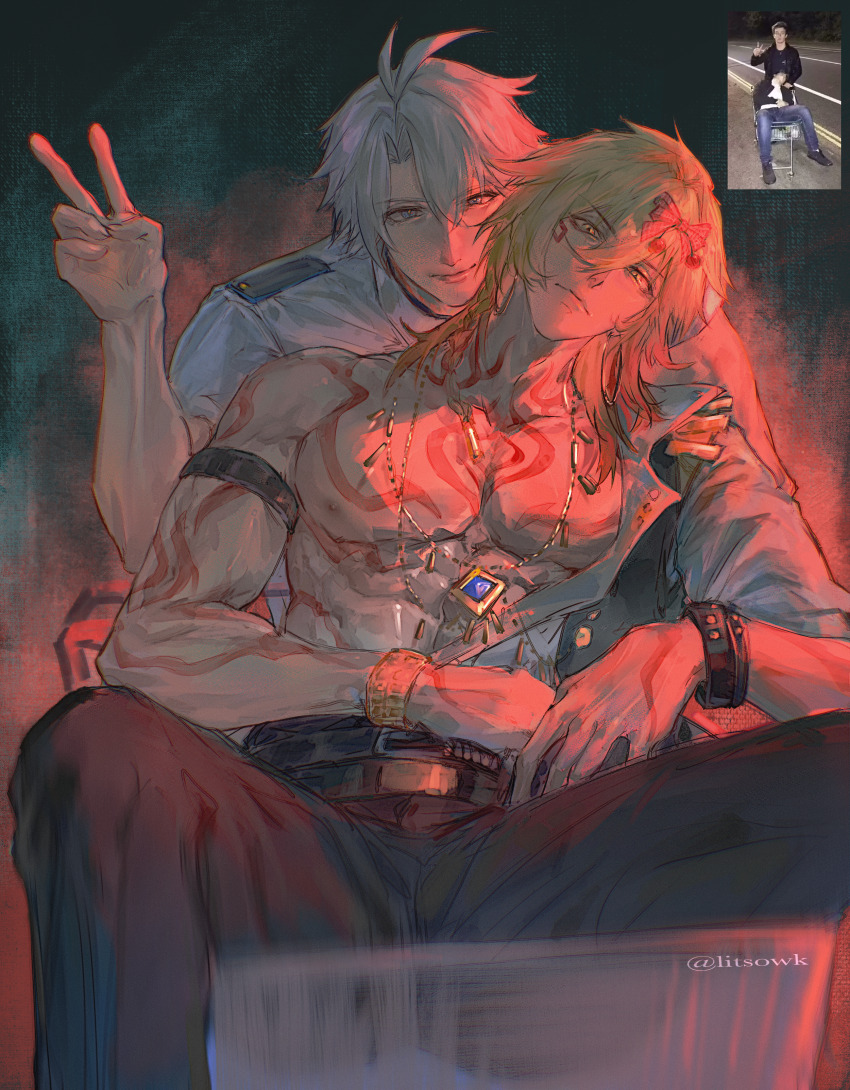 2boys, absurdres, antenna_hair, armband, black_armband, black_pants, blonde_hair, blue_eyes