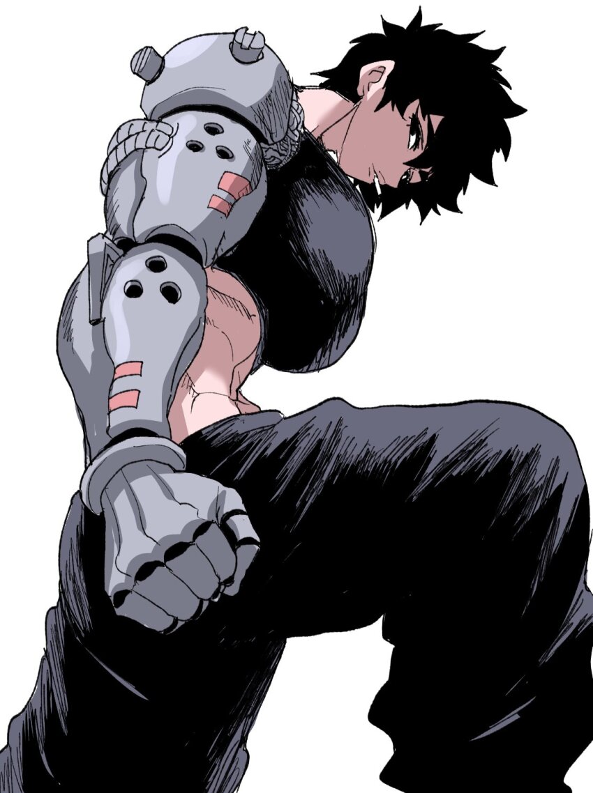 1girl, abs, arm_focus, bare_shoulders, black_eyes, black_gloves, black_hair, black_pants