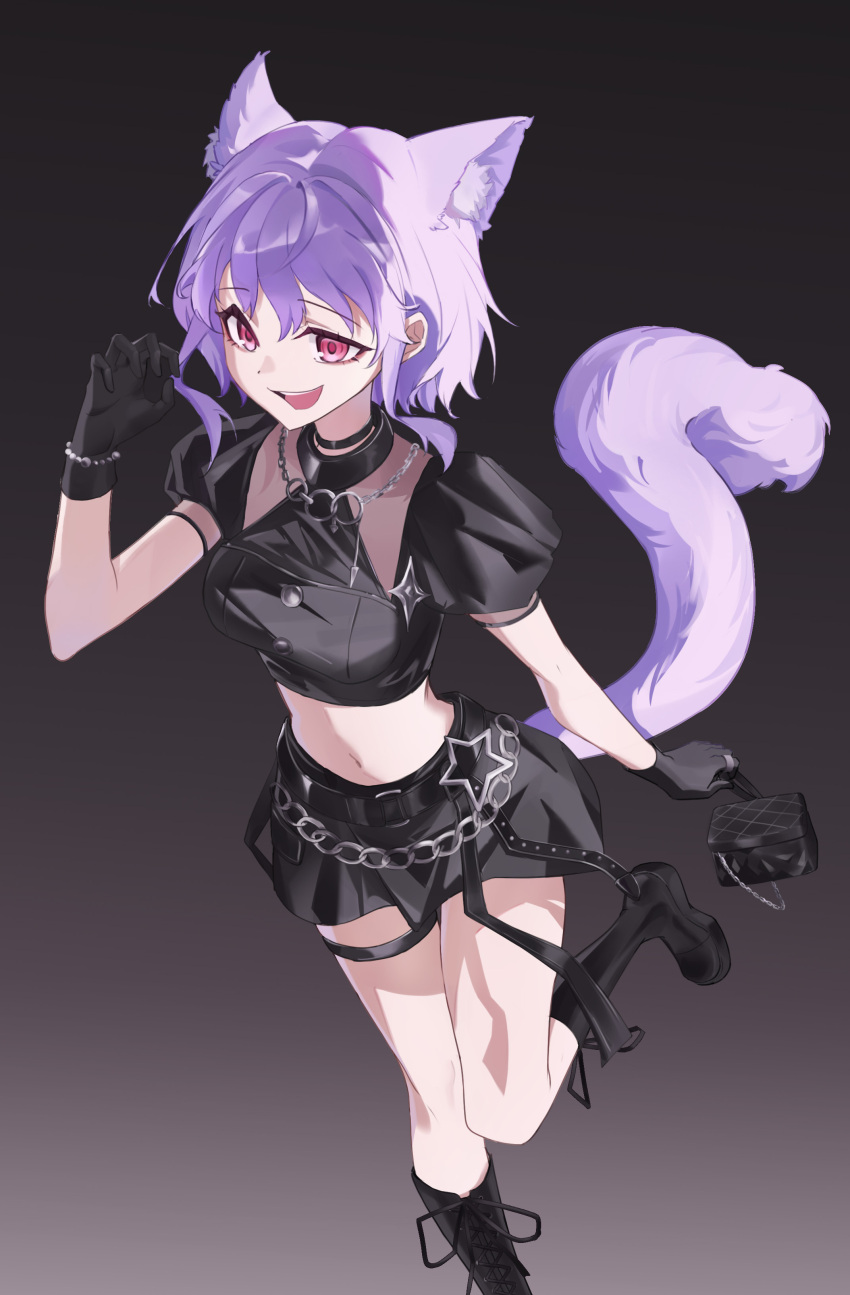 1girl, :d, absurdres, animal_ear_fluff, animal_ears, arknights, bang_dream!, bang_dream!_it's_mygo!!!!!, black_boots, black_choker, black_gloves, black_shirt, black_skirt, boots, breasts, cat_ears, cat_girl, cat_tail, chain, chinese_commentary, choker, commentary_request, cropped_shirt, gloves, gongsuxing, gradient_background, grey_background, highres, kemonomimi_mode, looking_at_viewer, medium_breasts, navel, open_mouth, paw_pose, puffy_short_sleeves, puffy_sleeves, purple_eyes, purple_hair, shirt, short_hair, short_sleeves, skirt, smile, solo, standing, standing_on_one_leg, star_(symbol), tail, yuutenji_nyamu, yuutenji_nyamu_(feline), yuutenji_nyamu_(magician_of_passion)