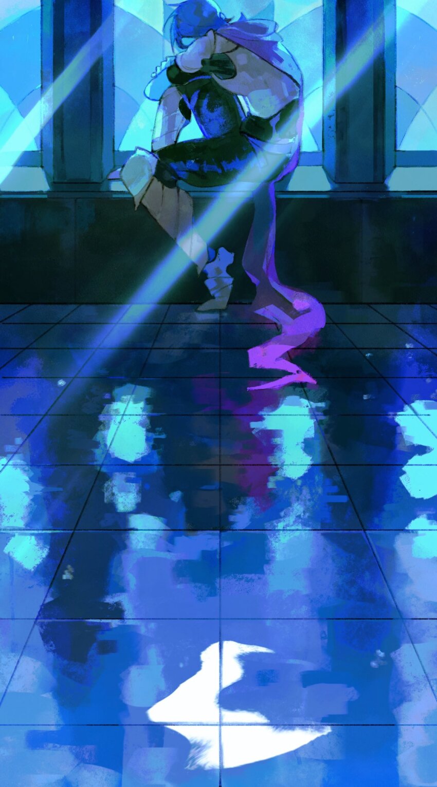 1other, armor, blue_hair, blue_theme, bourbonciely, cape, deltarune, hand_on_own_knee