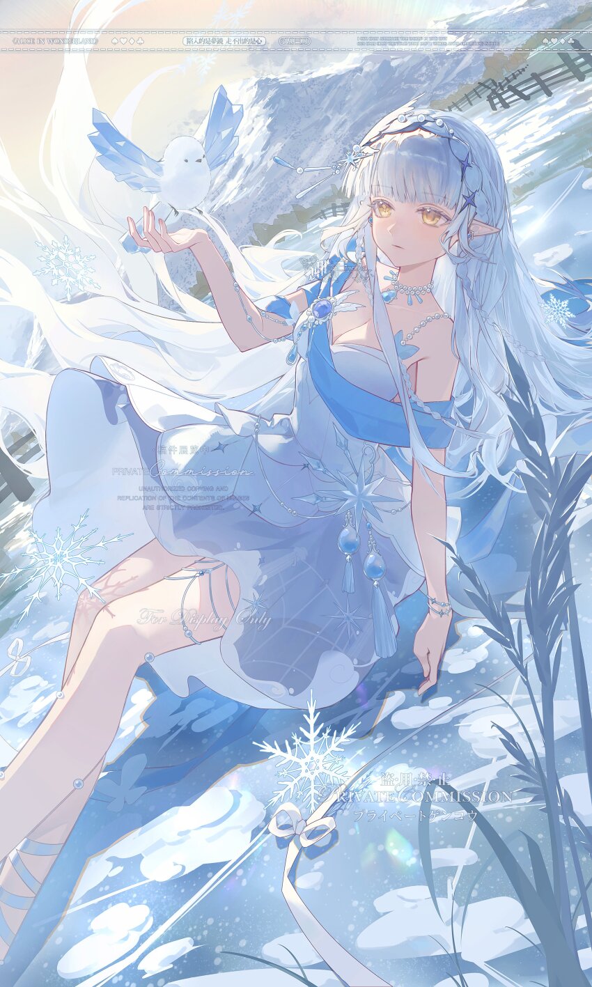 1girl, absurdres, arm_up, bird, braid, breasts, cleavage, closed_mouth