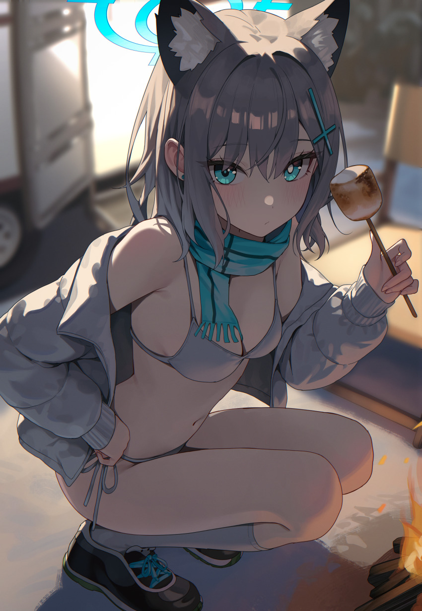 1girl, absurdres, alternate_costume, animal_ear_fluff, animal_ears, bikini, black_shoes, blue_archive