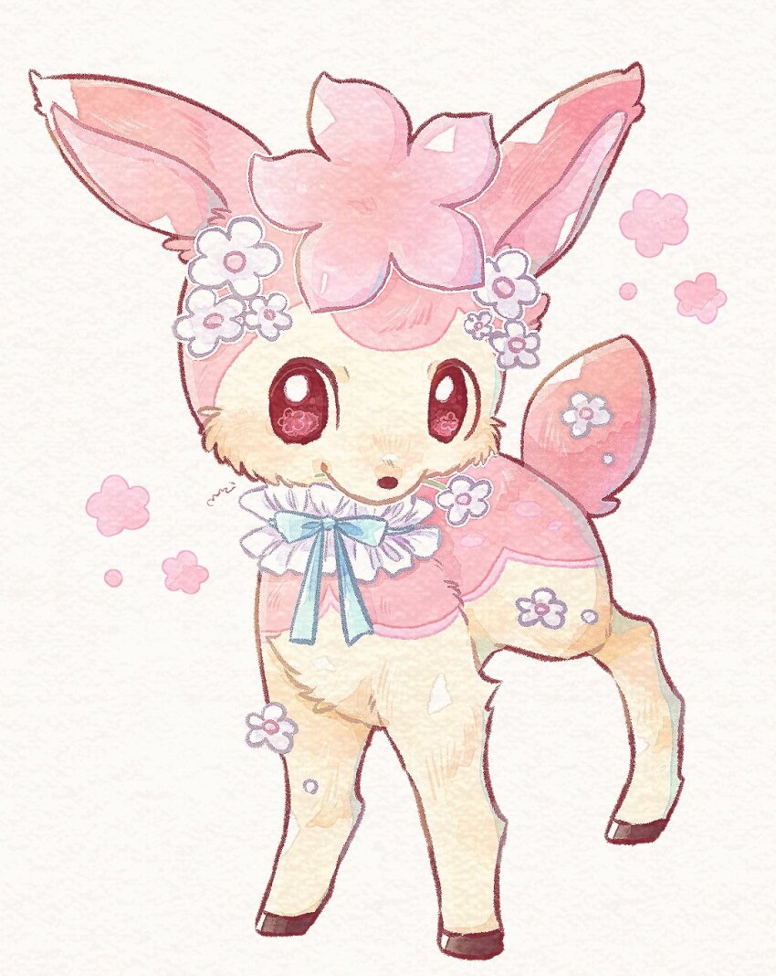 alternate_color, animal_focus, blush, bow, commentary_request, deer, deerling, flower