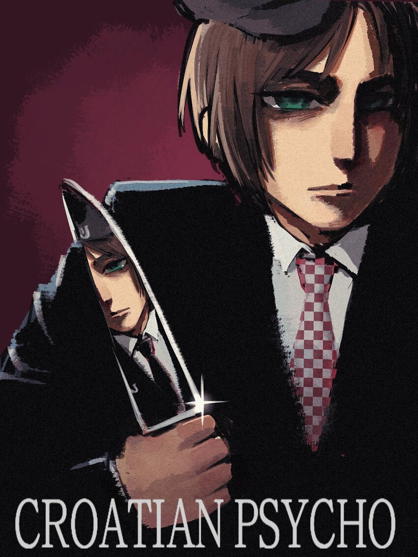 1girl, american_psycho, anica_domazet, black_jacket, bob_cut, brown_hair, chen_feng_(slbdofcl), commentary