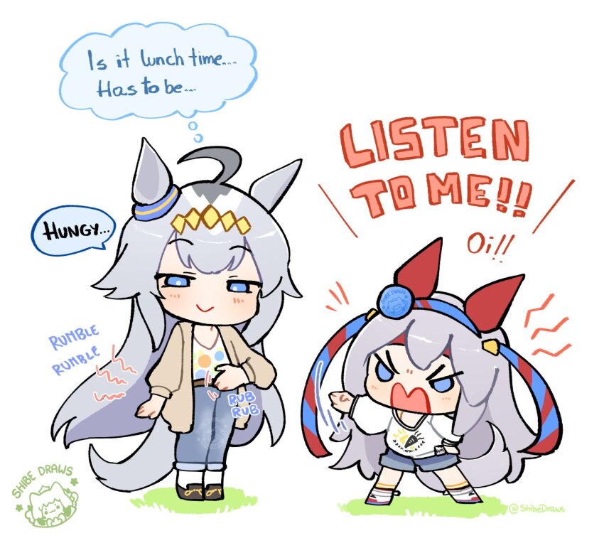 2girls, ahoge, animal_ears, belly_rub, blue_eyes, blue_hairband, blue_pants, blue_shorts, blush, brown_jacket, closed_mouth, commentary, denim, denim_shorts, ear_covers, ear_ornament, english_commentary, english_text, fang, grey_hair, grey_tail, hair_between_eyes, hair_ornament, hairband, headband, highres, horse_ears, horse_girl, horse_tail, hungry, jacket, long_hair, long_sleeves, multicolored_hair, multiple_girls, oguri_cap_(casual)_(umamusume), oguri_cap_(umamusume), open_clothes, open_jacket, open_mouth, pants, red_headband, shibedraws, shirt, shorts, skin_fang, smile, speech_bubble, stomach_growling, striped_clothes, striped_hairband, sweater, tail, tamamo_cross_(casual)_(umamusume), tamamo_cross_(umamusume), thought_bubble, umamusume, umamusume:_cinderella_gray, very_long_hair