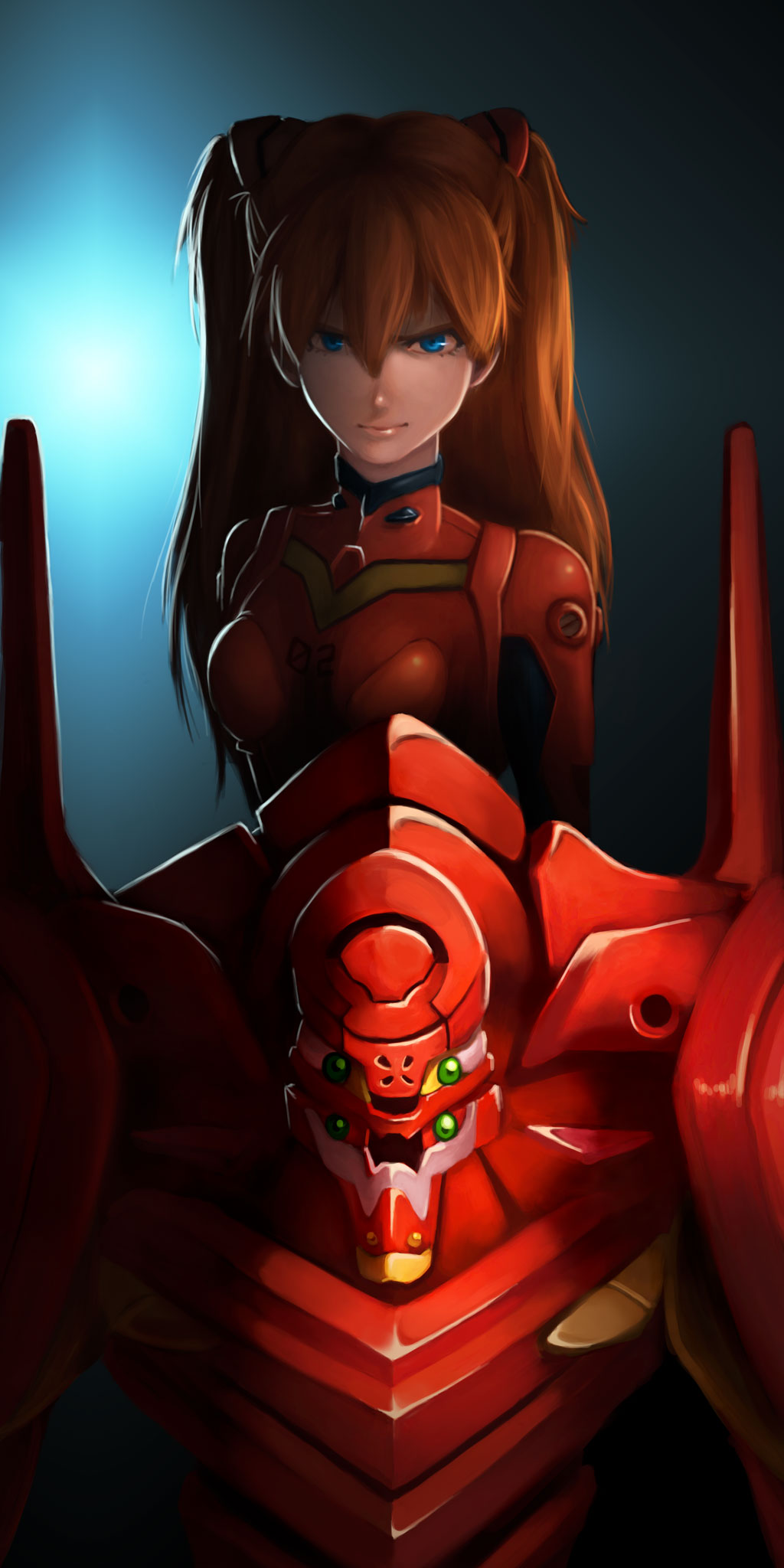 1girl, blue_eyes, bodysuit, breasts, brown_hair, eva_02, female_focus, green_eyes, highres, lips, long_hair, mecha_pilot_suit, neon_genesis_evangelion, plugsuit_(evangelion), red_bodysuit, smile, solo, souryuu_asuka_langley, tseirp, very_long_hair