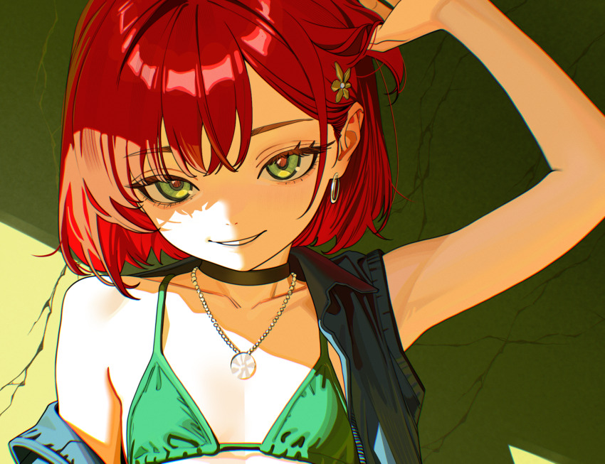 1girl, adjusting_hair, bikini, choker, earrings, flat_chest, flower, green_bikini