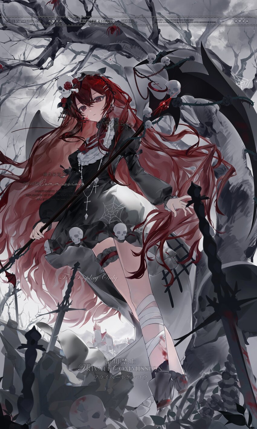 1girl, absurdres, bandaged_leg, bandages, black_dress, blood, blood_on_face, blood_on_leg