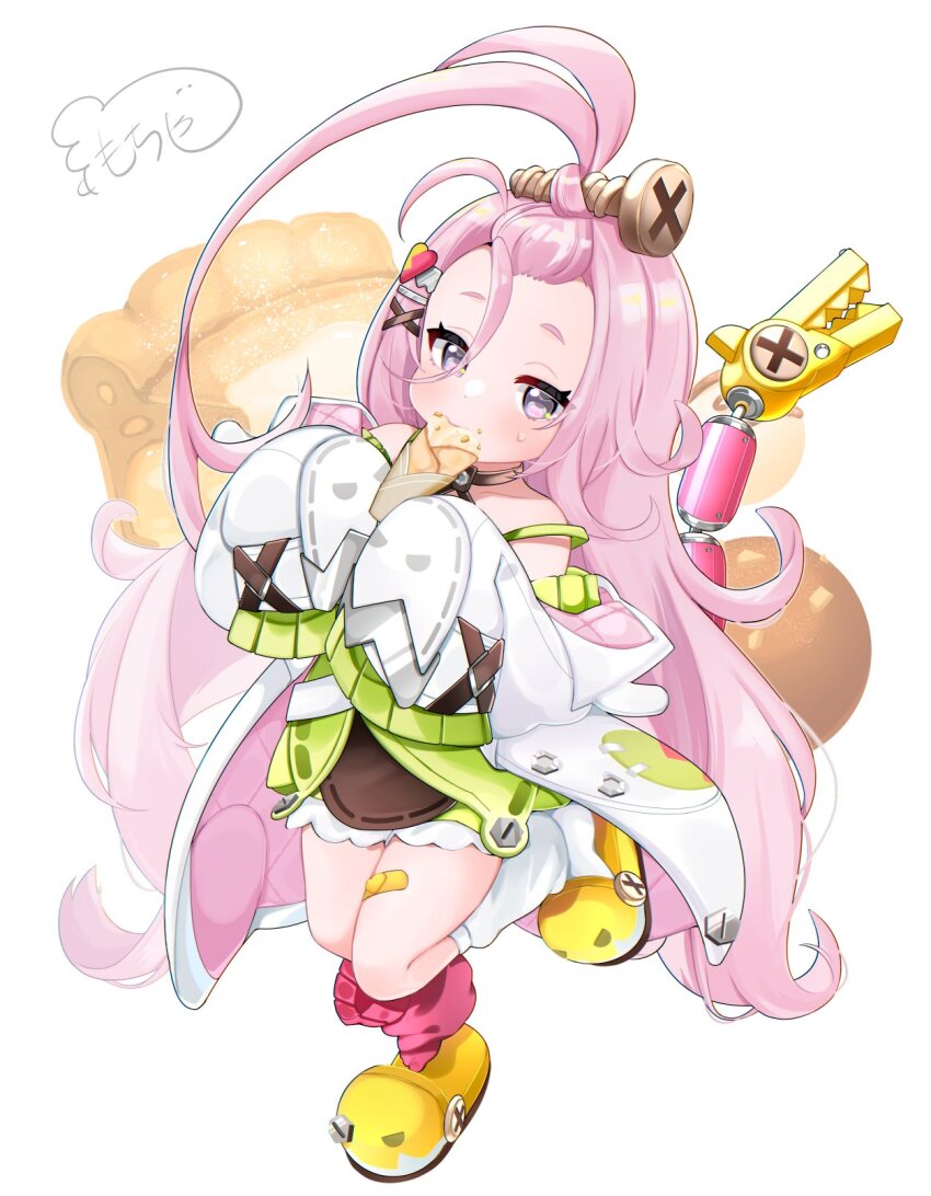 1girl, aino_(genshin_impact), bandaid_on_thigh, bangs_pinned_back, commentary_request, crepe, dress, eating