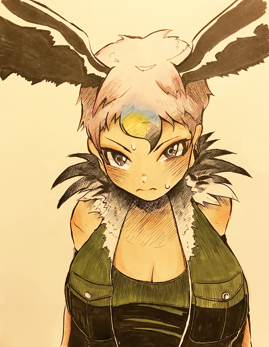 1girl, bare_shoulders, black_jacket, black_shirt, breast_pocket, breasts, cleavage, closed_mouth