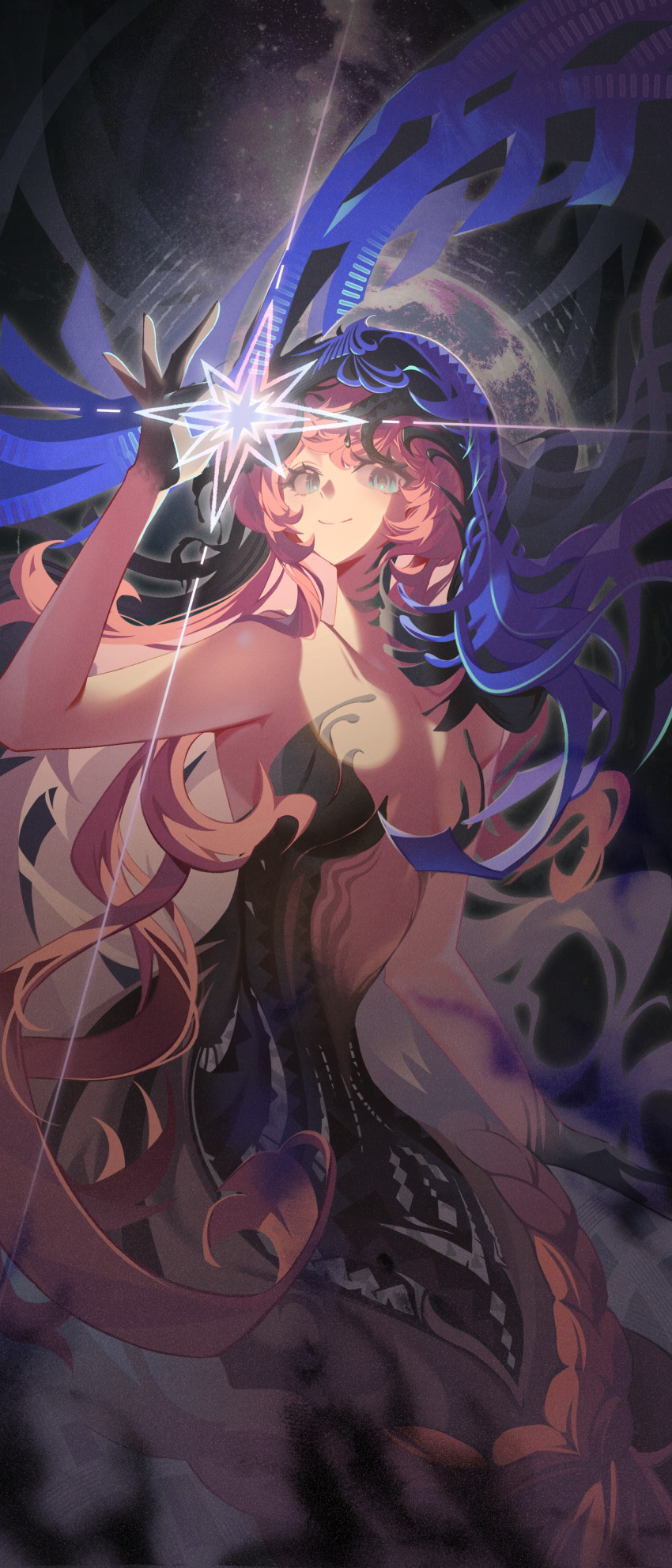 1girl, absurdres, acsuck, bare_shoulders, black_dress, black_hands, black_veil, blue_eyes